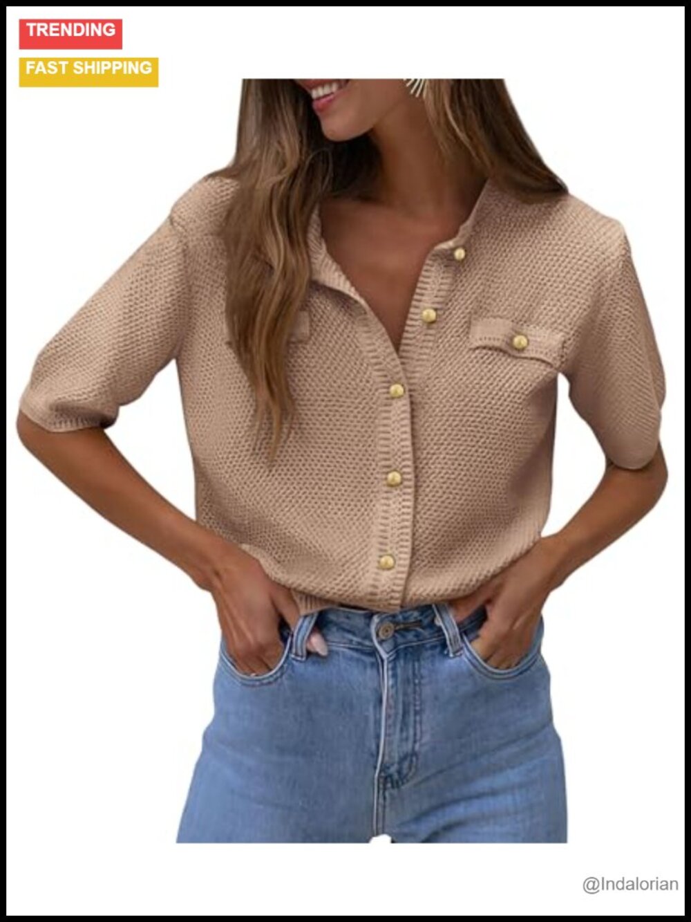Women's Knit Button Down Shirt V Neck Half Sleeve Casual Blouse